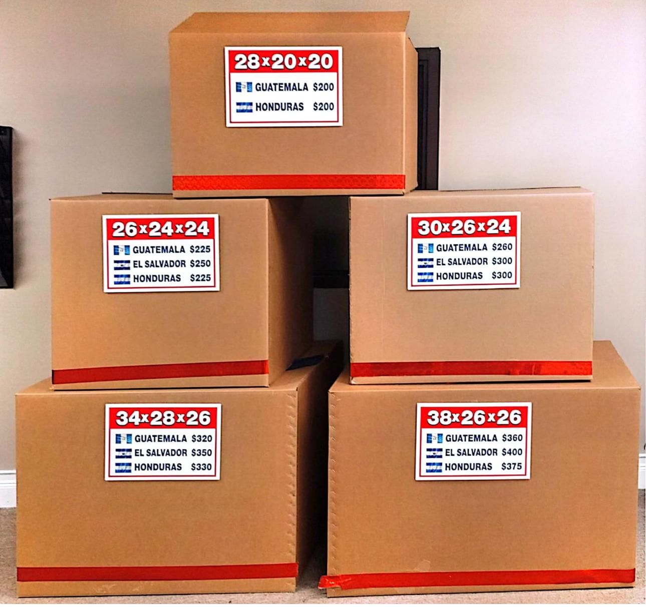 Tamaños de cajas disponibles para envíos a Guatemala, El Salvador y Honduras